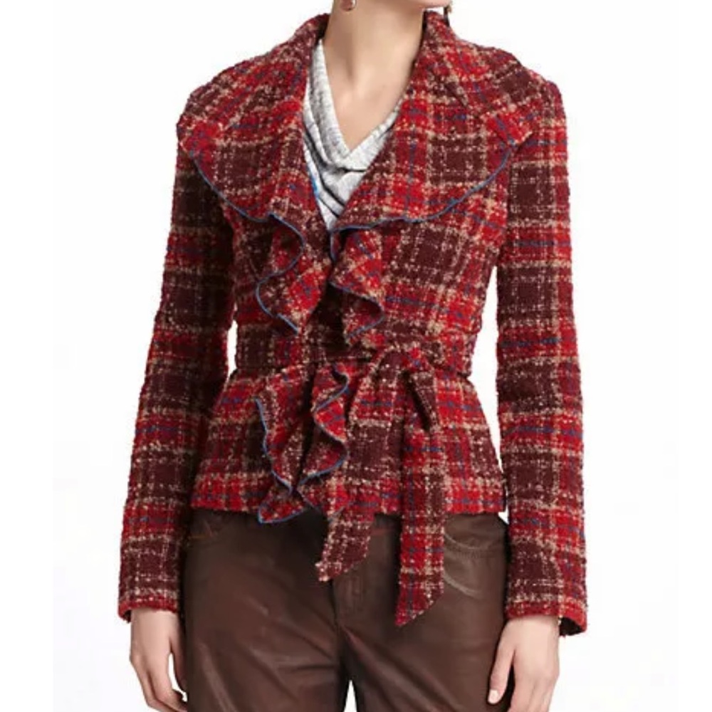 Anthropologie Tabitha Jacket Moretown Coat Blazer Plaid Ruffles Belted Sz 4